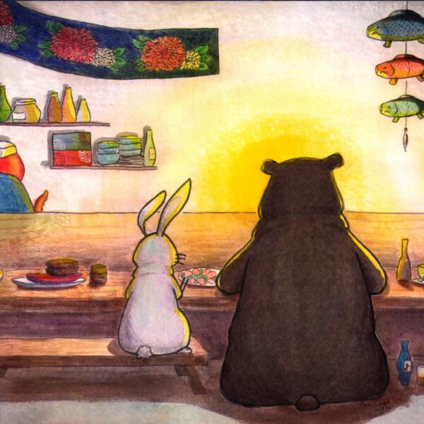 A rabbit and bear sit together at a wooden table in a cozy, art-like scene titled Friday Night. The table is set with food and dishes, fish hang from the ceiling, and shelves with bottles create a warm glow that enhances the enchanting atmosphere.