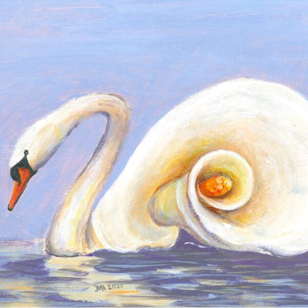 The Swan art print depicts a white swan with a gracefully curled neck in a spiral, encircling an orange center with a chick. The scene unfolds against tranquil water and a serene blue sky.