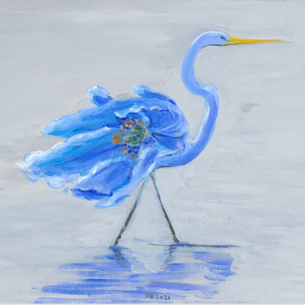 Art print titled Crane and Blue Poppy features a blue heron as a large blue flower, with its long neck and yellow beak blending nature elements creatively.
