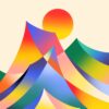 The Dawn on the Mountain abstract art print showcases colorful, overlapping geometric shapes resembling stylized mountains with a blending gradient of orange and yellow suggesting a sun above, while shades of blue, red, green, and yellow seamlessly merge.