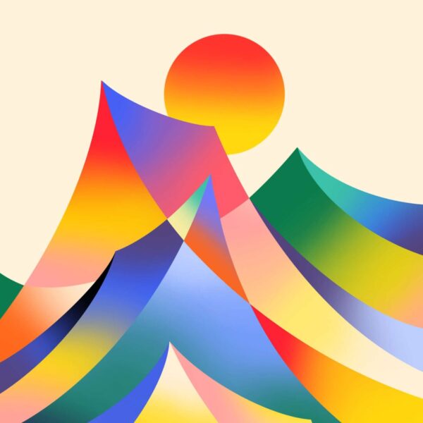 The Dawn on the Mountain abstract art print showcases colorful, overlapping geometric shapes resembling stylized mountains with a blending gradient of orange and yellow suggesting a sun above, while shades of blue, red, green, and yellow seamlessly merge.