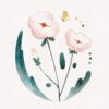 A watercolor art print titled Blessed Flower features two pink flowers with green stems and leaves. A small yellow butterfly is near the flowers, set against a soft, textured white background.