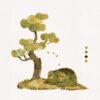 The art print Lazy frog and pine tree #1 showcases a watercolor of a sleepy frog beneath a vibrant green-leafed tree. Its calming green and brown shades evoke a tranquil, natural ambiance.