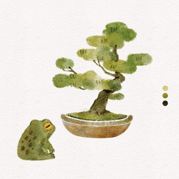 Lazy frog and pine tree #2 captures a watercolor illustration of a green toad beside a bonsai tree in a round pot, showcasing minimalistic green and brown hues.