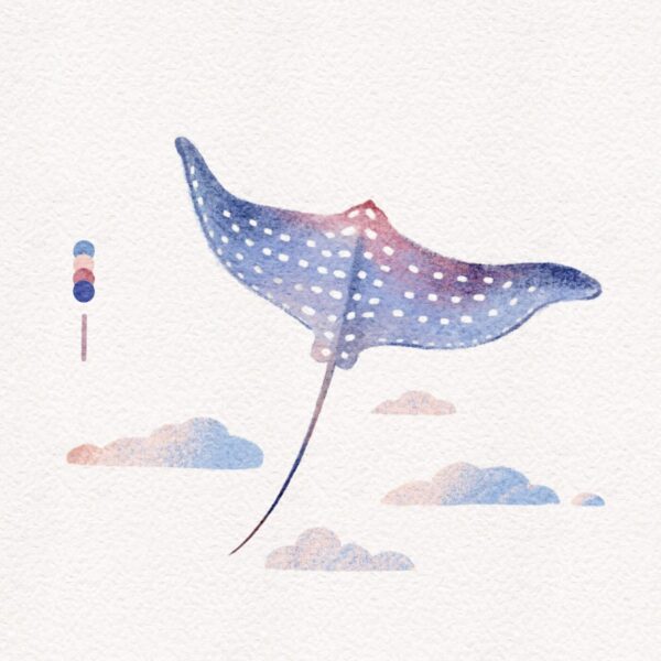 The art print Ocean and Dot #1 showcases a watercolor depiction of a blue spotted stingray gliding above stylized clouds, with blue and pink color palette samples on the left enhancing its serene allure.