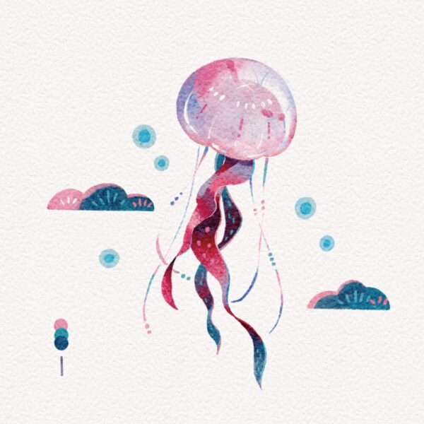 The Ocean and Dot #2 watercolor art print features a whimsical aquatic scene with a pink and blue jellyfish, long tentacles, abstract cloud-like shapes, and bubbles set against a textured background.