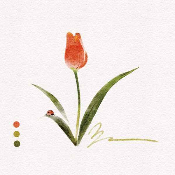 Art print titled Red, showcasing a watercolor of a single red tulip with long green leaves and a ladybug, alongside vertically arranged color dots—red, orange, and green—set against a textured white background.
