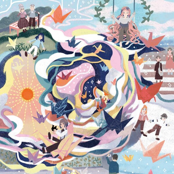 The Blessing of Paper Cranes is a vibrant, abstract art print depicting a whimsical scene with swirling colors. It features children playing among paper cranes and dynamic patterns, with one child swinging above the playful, dreamlike environment.