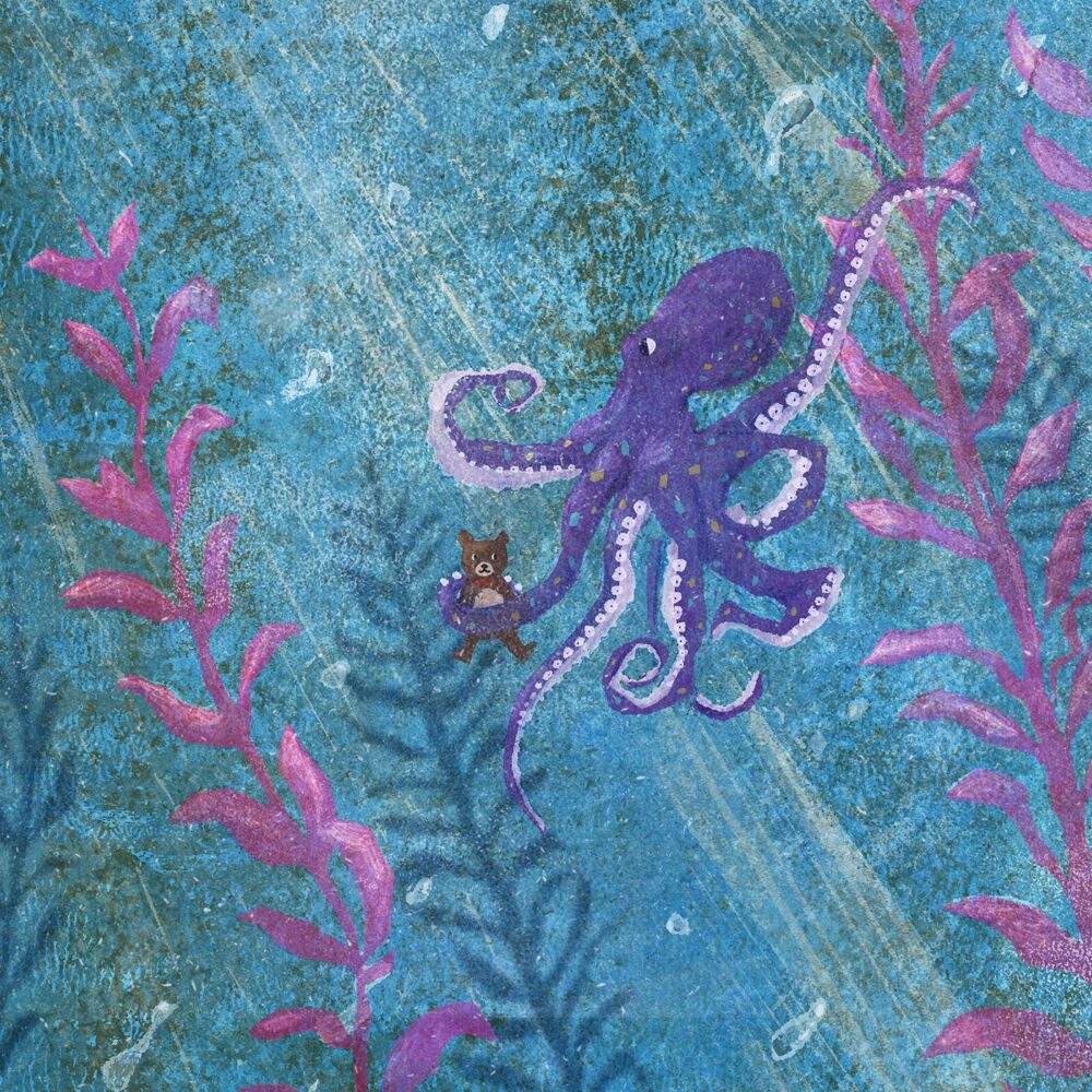 The art print Drawing at the Aquarium showcases a purple octopus clutching a brown teddy bear underwater, with sunlight illuminating pink and blue seaweed, while delicate bubbles ascend from the seabed.