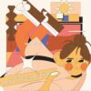 The Morning Sunshine art print showcases a stylized illustration of a person with a bun hairstyle lounging and smiling. Surrounding them are geometric shapes, sun motifs, abstract elements, including shoes and a shining star, with the text morning sunshine!.