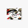 The A Dream Sequence art print showcases two stylized faces with geometric shapes, intersecting lines, and blocks of white, black, olive green, and red. It features expressive facial features and dynamic angles.
