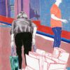 The art print, Simple Taste 02, portrays a person in black pants and a gray top bending with shopping bags, while another individual in a red shirt and jeans stands nearby, holding a phone. The background features vibrant abstract patterns.