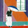 The art print Simple Taste 04 depicts a gray-haired man in a black shirt, holding a blue and white umbrella and bottle on a vibrant red surface. The colorful geometric background and window on the right add depth to this captivating illustration.