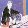 Titled Simple Taste 07, this art print depicts an older person seated on a red stool playing a board game on a tiled floor, wearing a dark coat, pants, and open-back shoes. A plaid bag lies beside them with a note nearby against a blue and orange wall backdrop.