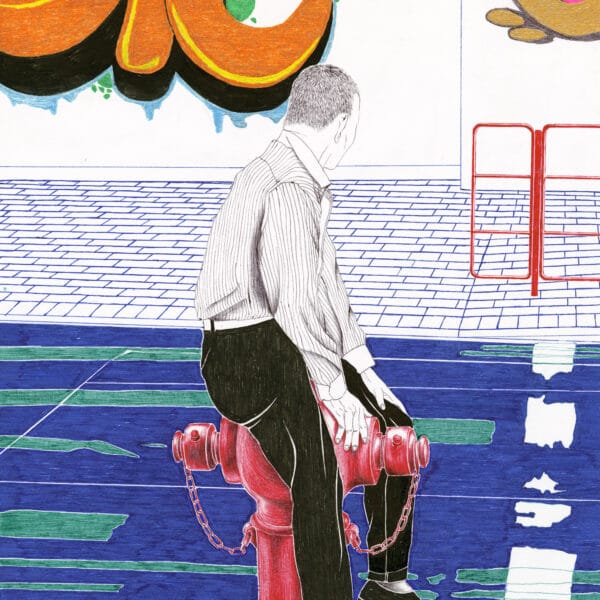 The art print Simple Taste 08 showcases a man in a striped shirt and dark pants sitting on a red fire hydrant. The scene includes colorful graffiti on a white wall, enhanced by blue pavement with green patches in the background.