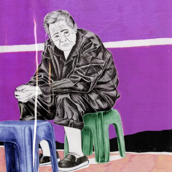 The captivating art print, Simple Taste 09, depicts an older person with short hair in a patterned jacket and pants, sitting on a green stool. Clasped hands and a forward gaze complement two blue stools in the foreground against a vibrant purple background with a horizontal white line.
