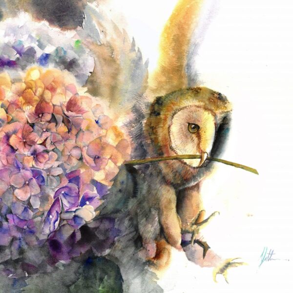 The Winter Love art print depicts a barn owl with delicate feathers, holding a thin twig in its beak. Vibrant clusters of purple and orange flowers enhance the owls soft tones, creating a harmonious composition.