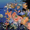The Healing Garden art print captures a dreamlike scene of a hand amidst vibrant flowers and butterflies under a starry sky, featuring an eye in the palm surrounded by colorful floral elements and insects.