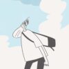The Tourist art print showcases a long-haired person in sunglasses and a backpack, facing left, against a backdrop of abstract blue clouds and a light sky for a relaxed, adventurous vibe.