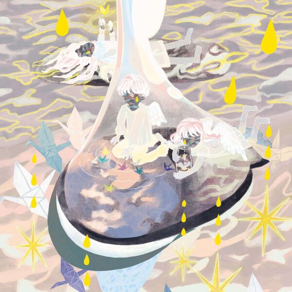 The Childrens Tears surreal art print depicts two angelic figures with pink hair and wings inside a teardrop-shaped structure, surrounded by vibrant origami and yellow droplets, against a dreamy pastel backdrop.