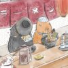 The Capybaramen カピバラーメン art print depicts illustrated capybaras enjoying ramen at a bar. One uses chopsticks with noodles, the other sips from a cup. The counter features a pitcher, glasses, and a small yellow dish beneath red banners with Japanese writing.