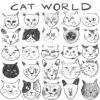 Cat World is a black and white illustration art print showcasing 24 hand-drawn cat faces with diverse expressions and styles, arranged in a grid, highlighting various moods and artistic interpretations.