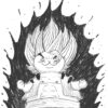 The Saiyan Cat art print features a cartoonish humanoid character with large spiked hair, a muscular build, and clenched fists. Surrounded by a dynamic dark aura in a manga or anime style, it captures the intensity and vibrancy of this unique design.