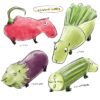 Art print illustration named Veggie Capy features vegetables with capybara traits: a red chili pepper, light green leek, purple eggplant, and green cucumber with eyes and capybara legs.