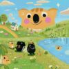 The 樹熊仔樂園 Koala Land art print whimsically features cartoon animals in a field. A large koala face oversees a pond with a swimming animal, while bears picnic under a tree and a rainbow arches over a flower-adorned cottage.