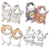 The whimsical art print, 百變小豚子 Capy-changing, features four pairs of playful, cartoonish capybara-like creatures in costumes: chickens (top left), lucky cats (top right), oranges (bottom left), and angels vs. devils (bottom right).