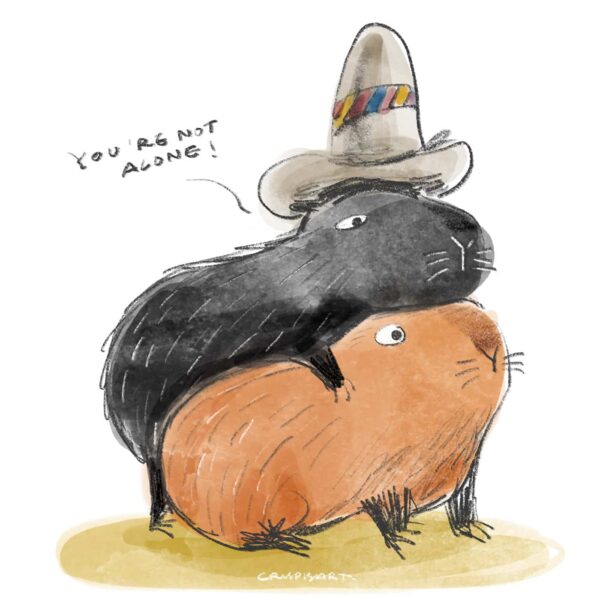 The Youre not alone art print shows a black capybara with a hat resting its chin on an orange capybara in a soft, textured style.