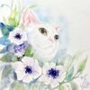 The Warm Heart II art print showcases a watercolor painting of a white cat surrounded by white flowers with blue centers and green leaves, set against a soft light blue and green background. The cat gazes upward with large, expressive eyes.