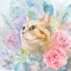 The Warm Heart watercolor art print features an orange tabby cat gazing upward, surrounded by pink and red roses, pastel-toned leaves, and abstract floral elements. The cat beautifully blends into the garden scene.