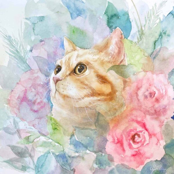 The Warm Heart watercolor art print features an orange tabby cat gazing upward, surrounded by pink and red roses, pastel-toned leaves, and abstract floral elements. The cat beautifully blends into the garden scene.