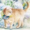 The art print The Afternoon showcases a watercolor painting of a chubby ginger cat wrapped in a colorful floral scarf, set amidst soft, pastel flowers and lush greenery for a serene and artistic scene.