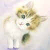 The Do U love Me II is a watercolor art print featuring a fluffy kitten with large, expressive eyes and brown, white, and gray fur. Its slightly tilted head enhances its curious look against a backdrop of soft pastel colors.