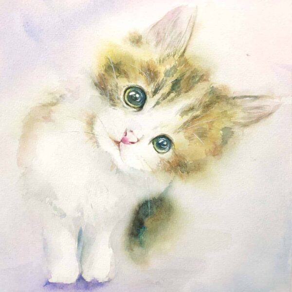The Do U love Me II is a watercolor art print featuring a fluffy kitten with large, expressive eyes and brown, white, and gray fur. Its slightly tilted head enhances its curious look against a backdrop of soft pastel colors.