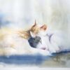 The watercolor art print Our Love II features two cats peacefully sleeping. One orange and white cat rests its head on the black and white one, creating a serene and cozy atmosphere as they cuddle together.