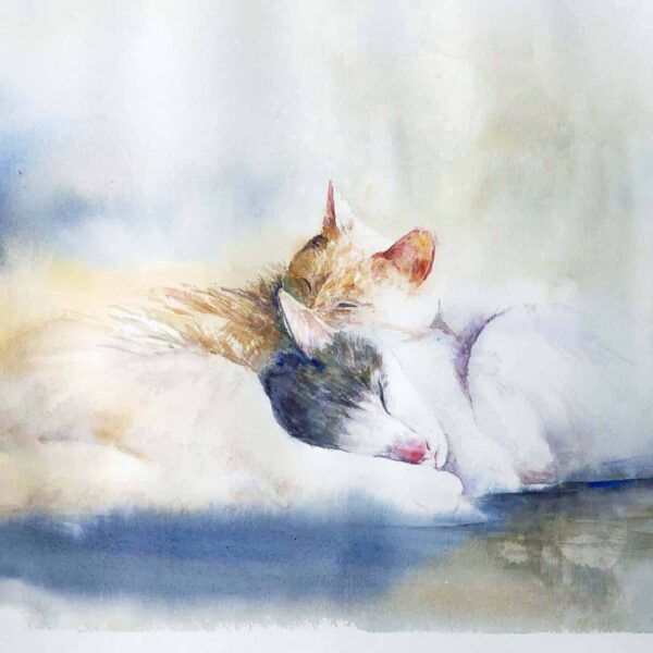 The watercolor art print Our Love II features two cats peacefully sleeping. One orange and white cat rests its head on the black and white one, creating a serene and cozy atmosphere as they cuddle together.