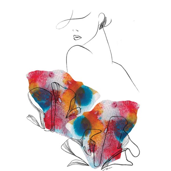 The Coral Fields art print showcases a minimalist line drawing of a woman with an abstract hat, enriched by vibrant, textured wing-like patterns in red, blue, orange, and gray.