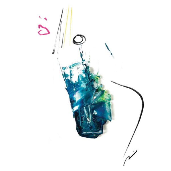 The High Neck, an abstract art print with bold brushstrokes, features a blue, textured center accented by yellow and green. Black fluid lines form an irregular shape with a small pink detail on top, set against a pristine white background.