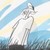 A stylized art print titled Summer trip depicts a person in a hat standing in tall grass. The dynamic blue and white background, reminiscent of a sky with yellow streaks of light, enhances its cartoonish abstract quality.