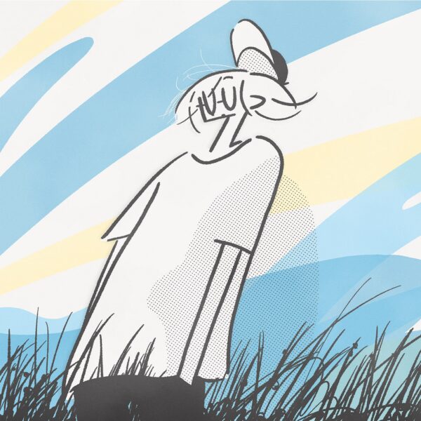 A stylized art print titled Summer trip depicts a person in a hat standing in tall grass. The dynamic blue and white background, reminiscent of a sky with yellow streaks of light, enhances its cartoonish abstract quality.
