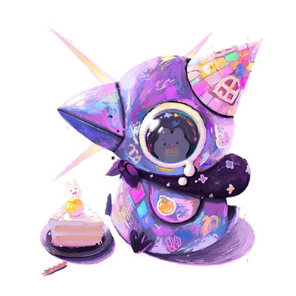 The Happy Birthday, Friend art print showcases a whimsical pastel cartoon character with a pointy hat seated beside a cake slice. The scene, set against a white background, is predominantly purple with colorful patterns and features a small bunny perched on the cake.