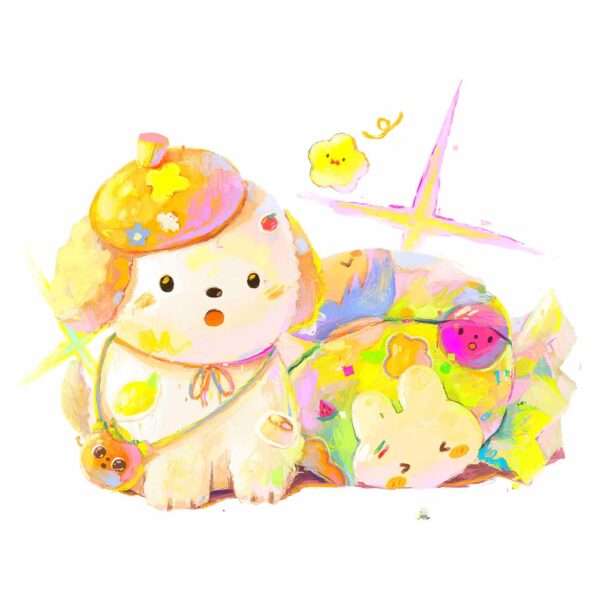 A cute, fluffy dog known as Little Puppy wears a colorful beret and blanket on a white background, resembling an art print. With a small plush toy beside it and a playful look, the scene is bathed in vibrant pastel colors and star-like sparkles.