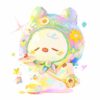 The Sad Bunny art print features a cute, whimsical character with round ears, closed eyes, and a small pink nose. Dressed in colorful pastels, it holds a plate with a cherry amidst dreamy elements like stars and flowers on a white background.