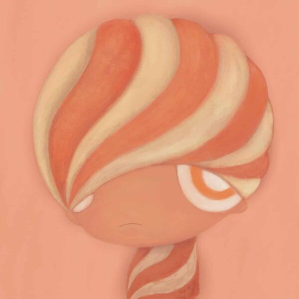 The BB BeBe art print showcases a digital illustration of a stylized character with an orange and cream-striped swirled head on a peach background. Its large eyes and neutral expression create a charming effect.