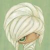 The PoPoPoppy Head 0002 art print showcases a whimsical creature with large eyes and hair like layered leaves or petals on a soft green background, evoking a sense of wonder and fantasy.
