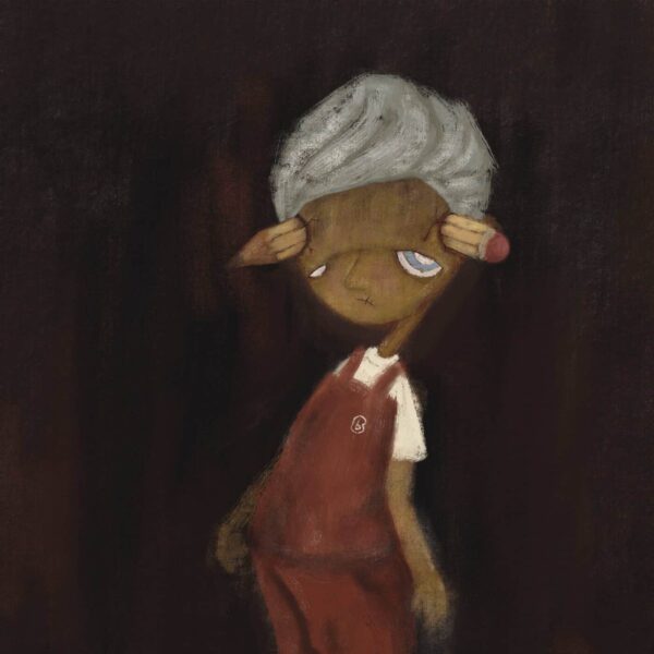 The SelSelSelfie art print features a stylized character with grey hair and large ears, dressed in red. The character stands with a slouched posture against a dark background, displaying a neutral expression and closed eyes with striking detail.
