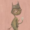 The TouTouTouchwood Sidecast art print features a whimsical, horned creature with a long tail holding a skull-topped staff. Set against a pink background, the creature gazes to the side, exuding curiosity or contemplation through its expression and posture.